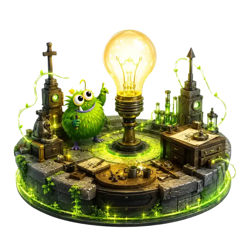 Idee und Chance – leuchtende Glühbirne im Monsterschmiede-Diorama