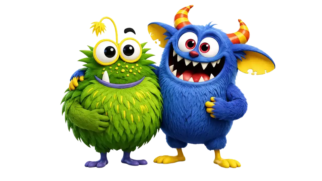 Die Monsterschmiede-Maskottchen – grünes und blaues Monster Arm in Arm