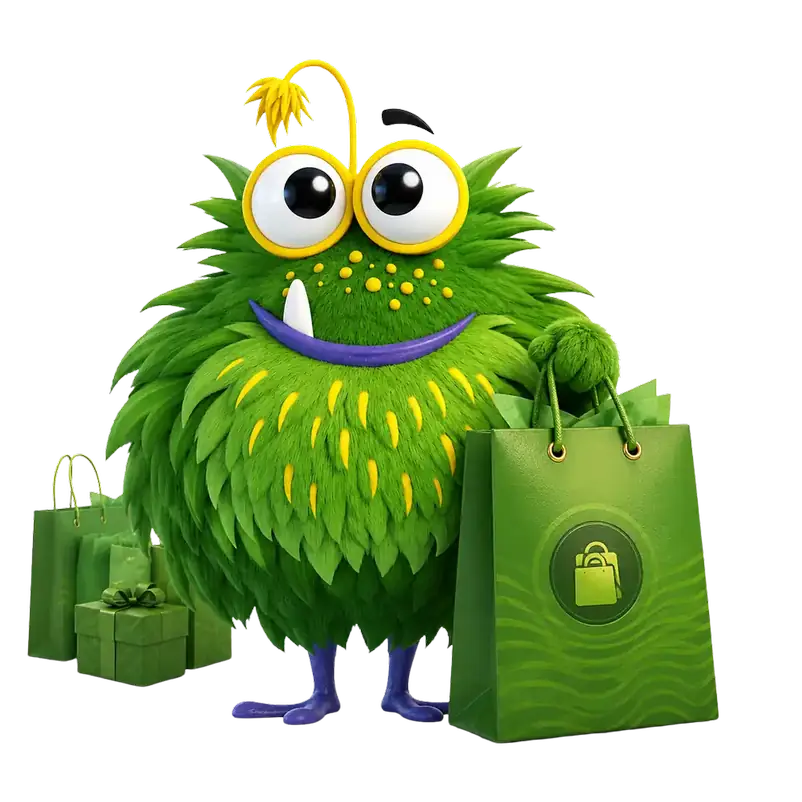 BagMonster – grünes Monsterschmiede Maskottchen mit Einkaufstaschen