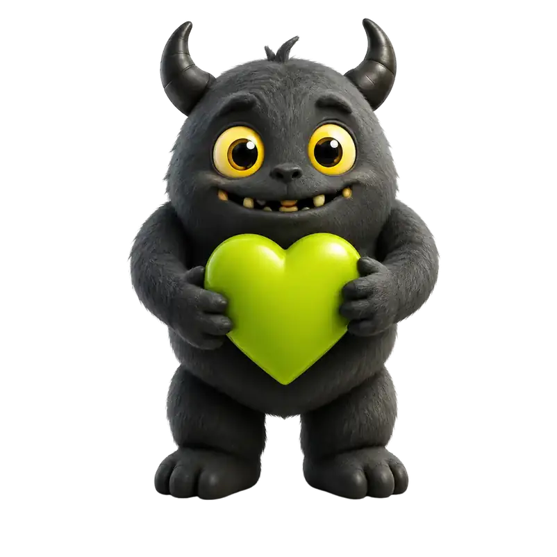 Schwarzes Monsterschmiede-Monster hält ein leuchtend grünes Herz