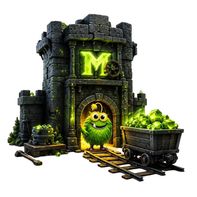 Monsterschmiede Minen-Festung mit Lore voller grüner Kristalle – Symbol für Beteiligungen und Wachstum