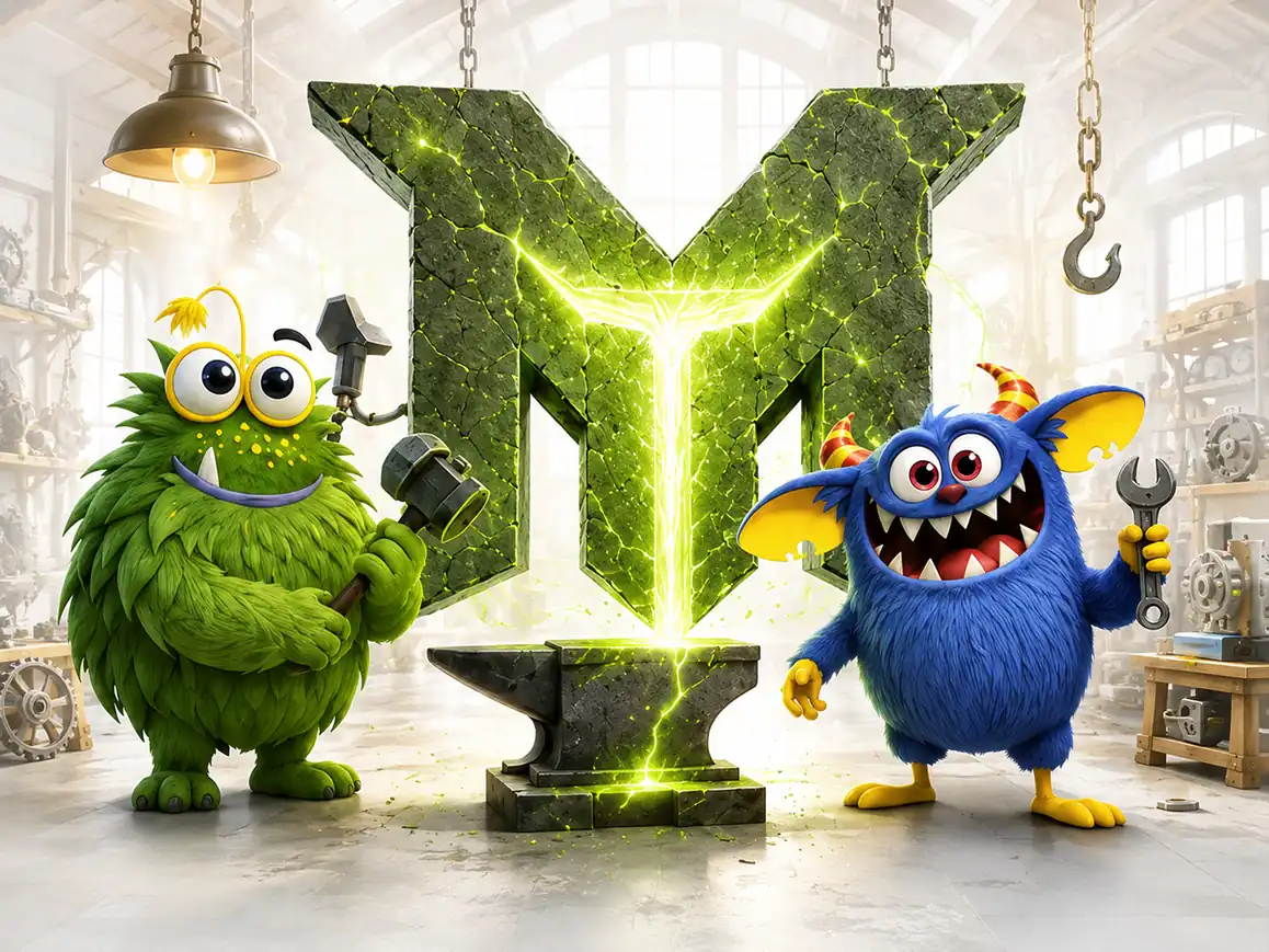 Monsterschmiede Werkstatt – zwei Monster schmieden das Marken-M am Amboss